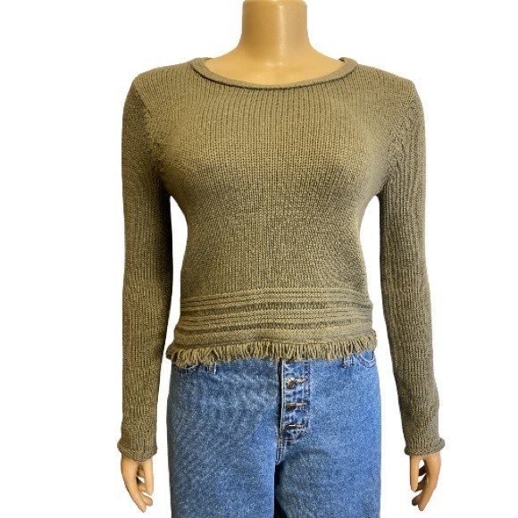 Artisan NY Cropped knit sweater fringe hem Army green rolled cuffs size XS - Picture 13 of 16